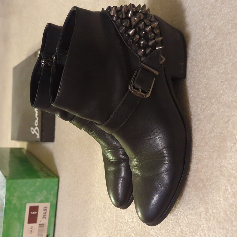 Sam Edelman Spike Pax Black Genuine Leather Studded Crystal Ankle Boots (Sz 6)